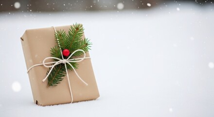 Wrapped gift box with natural decorations, featuring evergreen sprigs and a red berry, placed on soft snow, creating a festive winter atmosphere with copy space