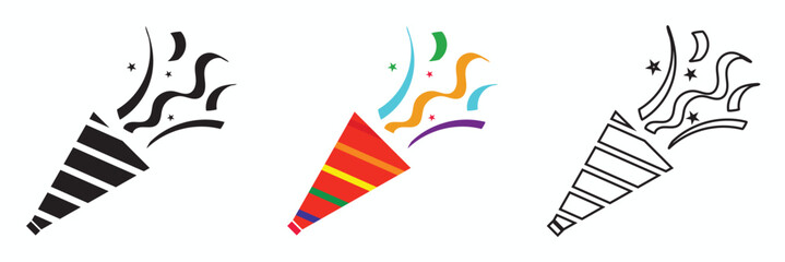 Obraz premium Party popper icons set with confetti burst. Set of three party popper icons releasing confetti and streamers, ideal for celebration graphics, event designs, and festive digital elements.
