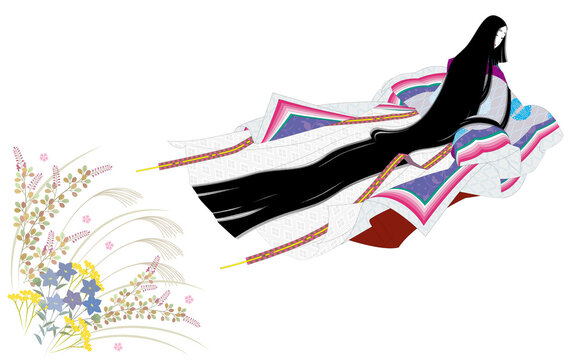 日本の伝統的な着物の正装の十二単衣の衣装。振り返る高貴な女性と秋草。