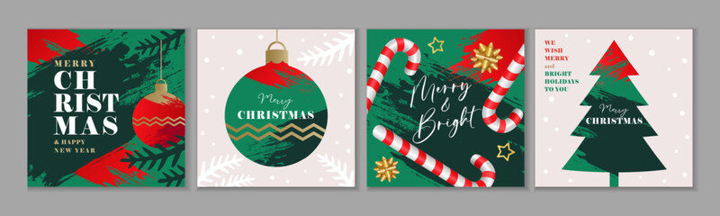 Merry Christmas and Happy New Year greetings. Merry and Bright and We wish Merry & Bright Holidays to you - creative lettering design. Vector snowflakes, christmas ball, candy cane and xmas tree