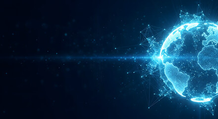 Glowing blue digital representation of Earth from space with a dark background and bright light effects.