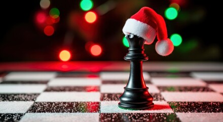 Black chess piece wearing a Santa hat, placed on a checkered board, with colorful holiday lights in the background, creating a festive and playful atmosphere