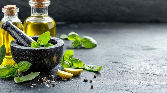 A mortar and pestle filled with fresh basil leaves sits on a dark, textured surface. Two glass bottles of golden olive oil are in the background, along with sca