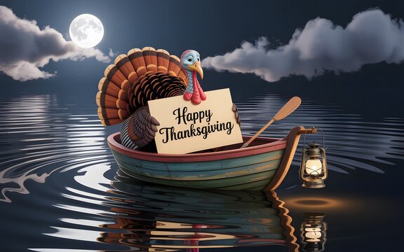 Thanksgiving turkey in a small boat with a lantern and a happy thanksgiving sign under a full moon