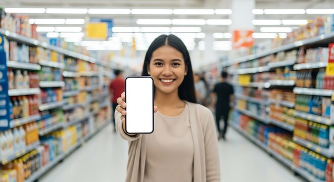 Happy Asian woman showing blank smartphone screen in supermarket aisle.