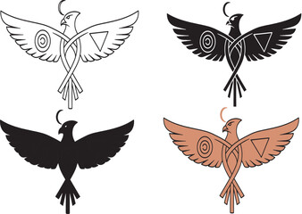 Geometric bird silhouette set with tribal abstract markings in clean vector illustration