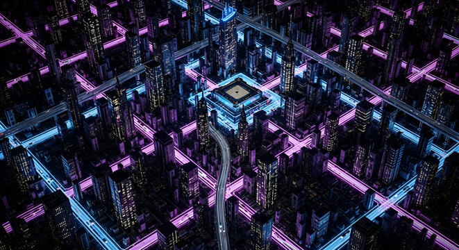 Futuristic cityscape glows with neon lights at night, showcasing a modern urban landscape, ideal for technology and innovation concepts