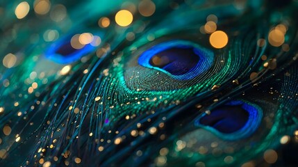 Closeup of vibrant peacock feathers showcasing intricate patterns and iridescent blues and greens, enhanced by shimmering golden bokeh lights