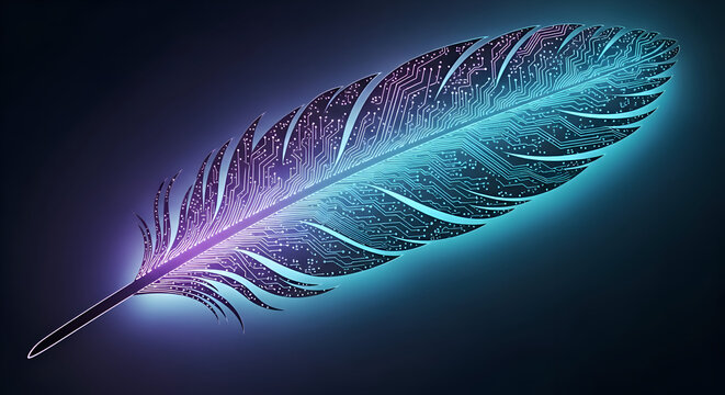 Stunning digital feather glows with vibrant circuit board patterns, representing innovation and technological advancement in a modern, sleek design. - Powered by Adobe