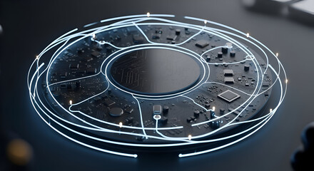 Dynamic futuristic circuit board pulses with glowing data streams, representing advanced technology and global connectivity for innovation.