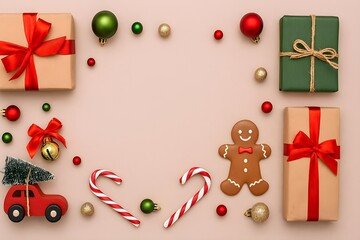 Creative Christmas Flat Lay with Gifts, Ornaments, Gingerbread, Bells, and Mini Car on Neutral Background