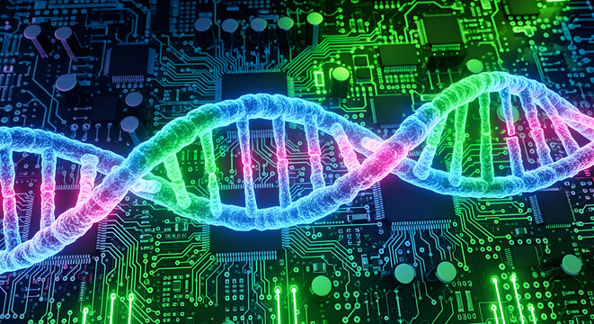 Vibrant glowing DNA helix intertwined with intricate futuristic circuit board technology, symbolizing genetic science and innovation