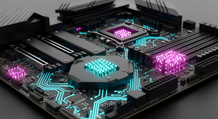 Stunning close-up of a futuristic motherboard with vibrant neon blue and pink circuit lights glowing intensely, showcasing advanced technology and innovation.