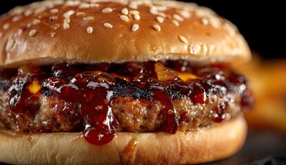 Juicy burger with sauce dripping on sesame bun