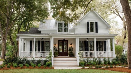 A traditional Colonial residence a bright white facade with large windows and a classic front porch The house