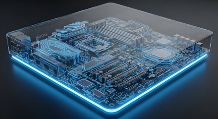 Futuristic glowing motherboard circuit board illuminated with vibrant blue light in a modern, high-tech digital concept.