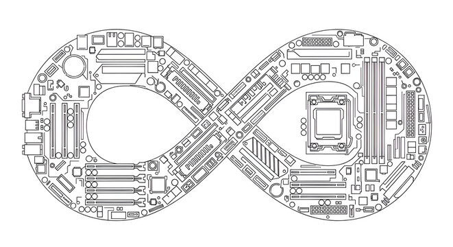 Dynamic infinity symbol formed by intricate computer motherboard components symbolizing endless technology and innovation - Powered by Adobe