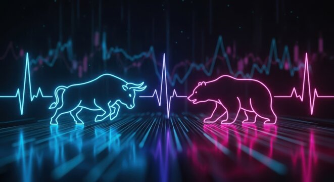 Neon bull and bear market battle with heartbeat pulse showing stock trend