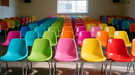 Rows of colorful modern chairs arranged neatly in a bright spacious room for events or meetings
