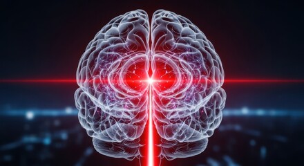 Human brain with glowing red laser beam showing futuristic neural activity