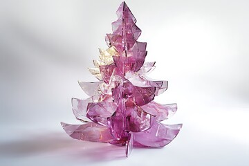 A geometric, fragmented holiday tree sculpture featuring metallic detailing and layered design.