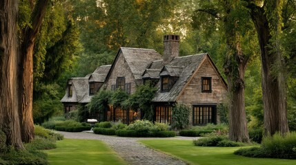 A traditional home with a symmetrical design a steep roof and wooden shingles The house is flanked by