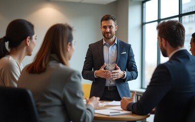 Experienced business coach meeting with a group of people. Young male business trainer or psychologist standing in a circle of men and women, talking about teamwork and giving professional advice