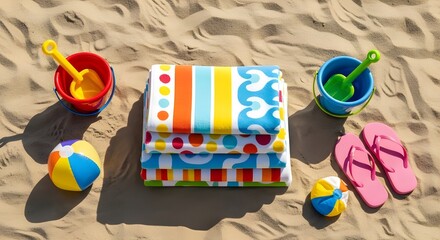 Colorful summer beach essentials striped towels, sand buckets, shovels, flipflops, and beach balls, arranged on golden sand