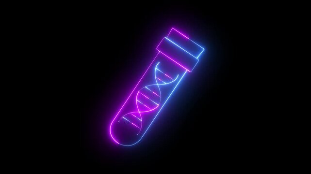glowing neon DNA sample icon animation on black background. DNA research icon animation. genetic test icon. Genetic engineering, genetics testing, cloning, paternity testing. Science & Biology Symbol.
