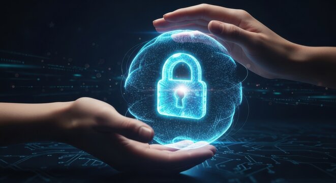 Hands protecting glowing digital lock symbol representing modern cybersecurity