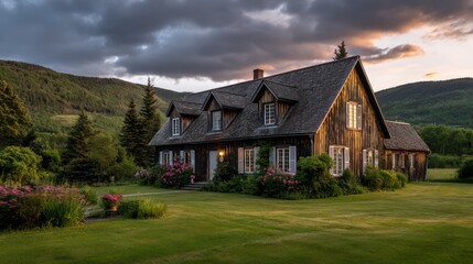 Obraz premium A traditional house with wooden siding and a steep gabled roof set against a backdrop of rolling hills