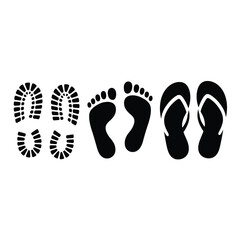 Collection of footprints and flip flops on a white background