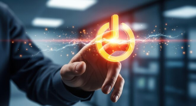 Glowing power button hologram activated by fingertip with bright electric spark
