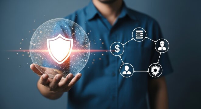 Cybersecurity shield hologram hovering above hand with glowing digital light
- Powered by Adobe