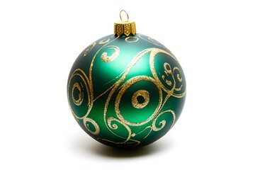 A shiny emerald green holiday ornament adorned with intricate gold designs.