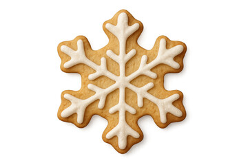 A single delicious snowflake shaped gingerbread cookie decorated with sweet white royal icing, a festive winter holiday dessert treat shown in a top down view