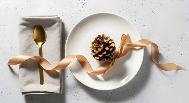 Festive christmas table setting with a white plate, golden pinecone, and elegant ribbon, with a linen napkin and a golden spoon for holiday dining