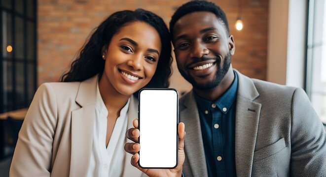Happy African American Couple Showing Blank Smartphone Screen to Camera.