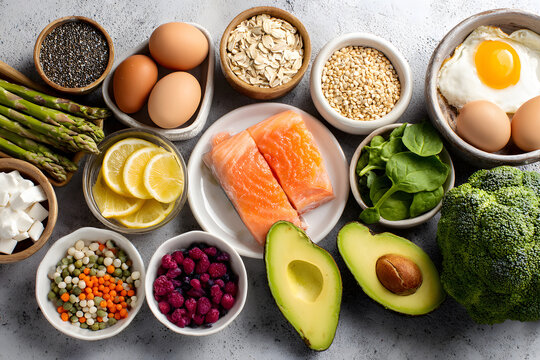 Healthy meal prep with fresh ingredients arranged on a kitchen counter