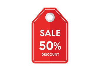 Red sale tag with 50 percent discount promotion graphic.