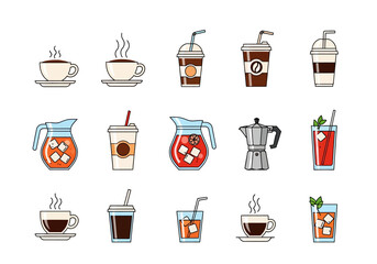Colorful coffee and tea beverage icon collection illustration set.