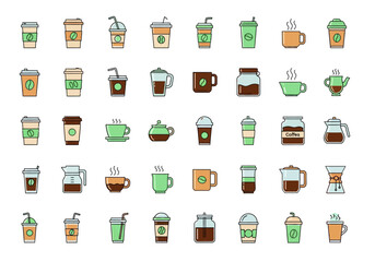 Collection of Coffee and Tea Icons: Diverse Beverage Options.