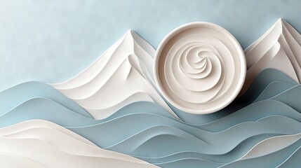 A stylized landscape made of paper, featuring abstract mountains and wavy layers resembling water or clouds, with a circular swirl of cream in the upper right.