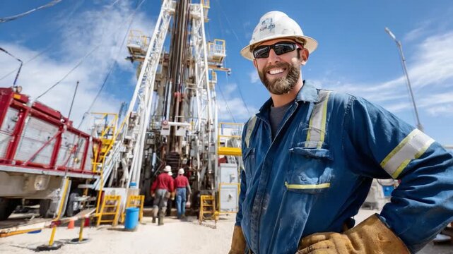 Drilling Rig Professional: A focused worker, clad in protective gear, stands confidently amidst the machinery of an oil rig. Capturing dedication and expertise in the industrial sector.