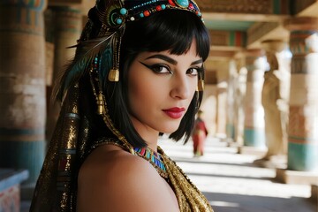 Woman in ancient Egyptian-inspired attire poses in a temple corridor with hieroglyphic columns and statues in the background.
