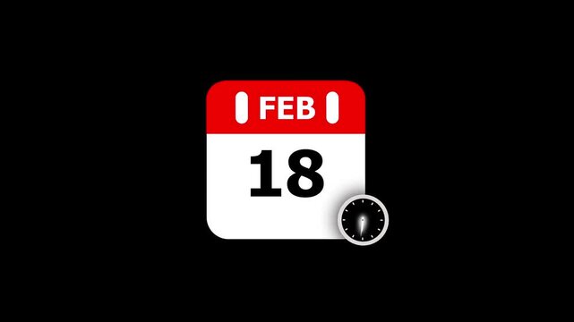 February 18th Calendar Page with Clock Icon on Black Background