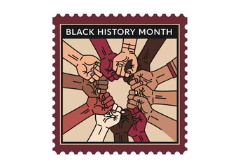Black History Month postage stamp featuring diverse hands in a circle symbolizing unity and solidarity.