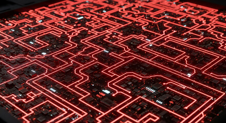 Dynamic abstract digital circuit board with glowing red pathways symbolizing data flow and technological innovation