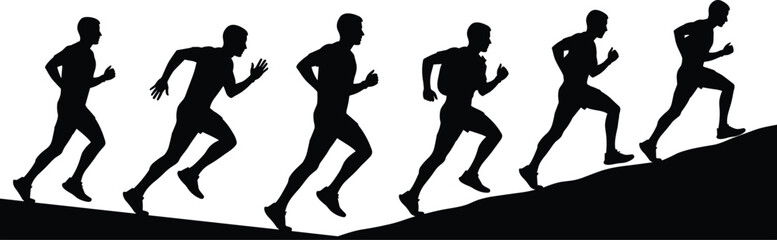 Black silhouette of a man running uphill in multiple stages of motion vector