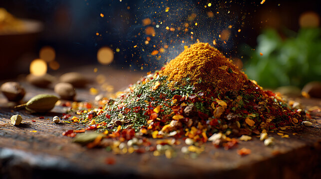 Turmeric Powder in Bowl with Mixed Spices,Colorful Assorted Spices Around Turmeric Bowl,Bowl of Turmeric Surrounded by Spices,Spice Mix Arrangement with Turmeric Bowl,Vibrant Spice Assortment on White